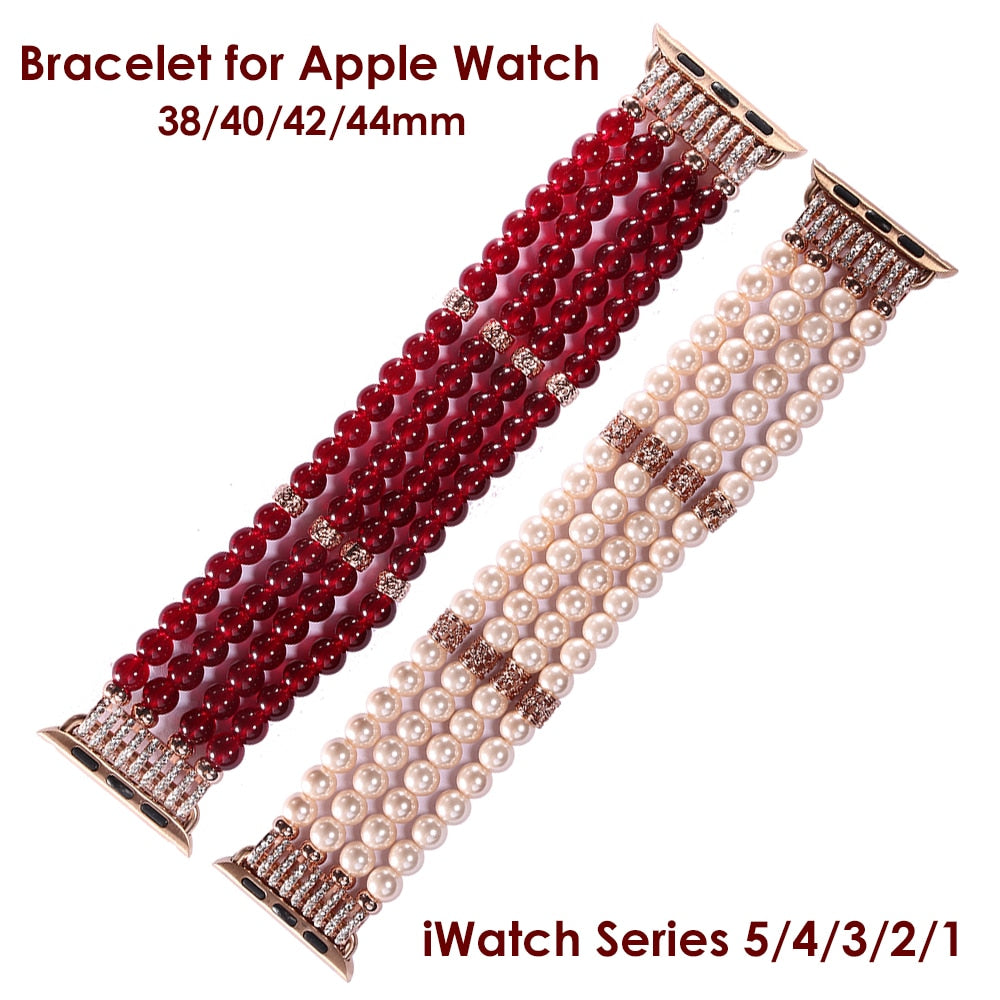 Handmade Beaded Bracelet for Apple Watch Band 38mm 40mm 42mm 44mm Iwatch Series 5/4/3/2/1 Elastic Stretch Pearl Straps Bling Red