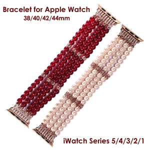 Handmade Beaded Bracelet for Apple Watch Band 38mm 40mm 42mm 44mm Iwatch Series 5/4/3/2/1 Elastic Stretch Pearl Straps Bling Red