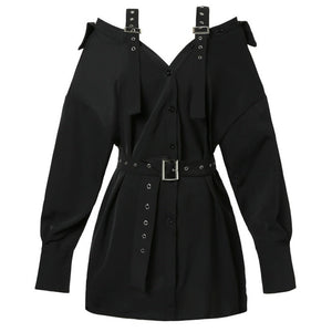 Black Gothic Shirt Dress With Belt Punk Style Mini Sexy Strap Autumn Female Club Wear Party Off Shoulder Streetwear