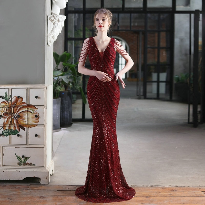 Women Beads Dress Gold Deep V Neck Sequin Evening Dress Sexy Party Maxi Dress