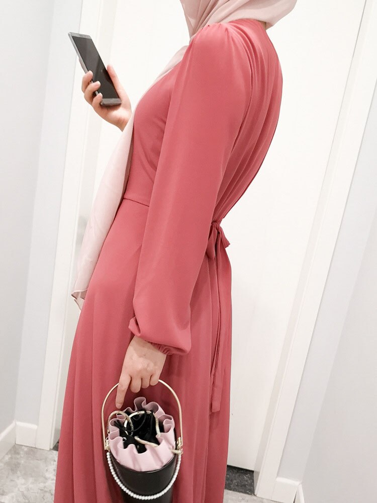 Belt Bow Chiffon Muslim Dress Abaya Dress Plus Size Arab Casual Dress Prom Gowns Robe De Soriee Full-Sleeve O-neck Dress