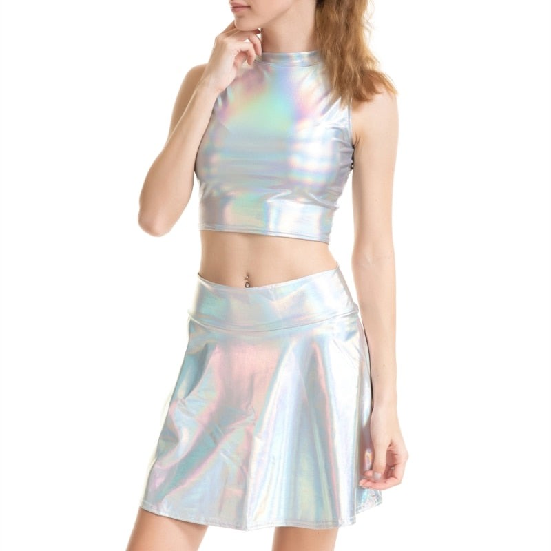 2 Pcs/Set Sexy Shiny Holographic Turtleneck Sleeveless Tank Top Metallic Wet Look A-line Mini Skirt