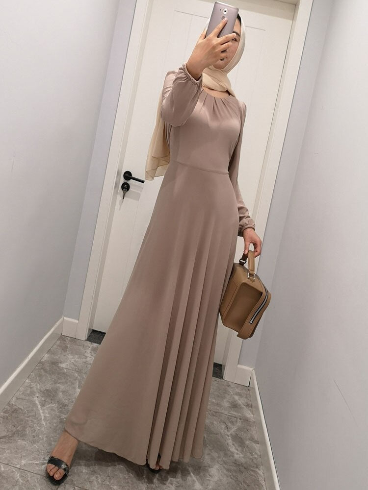 Belt Bow Chiffon Muslim Dress Abaya Dress Plus Size Arab Casual Dress Prom Gowns Robe De Soriee Full-Sleeve O-neck Dress