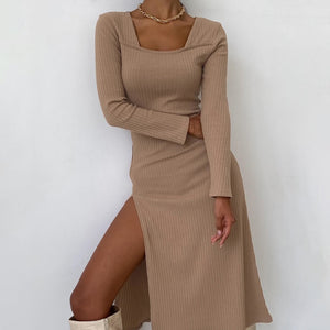 Autumn Winter Square Neck Knitted Basic A Line Women Dress Long Sleeve Split Party Causal Midi Sexy Dresses