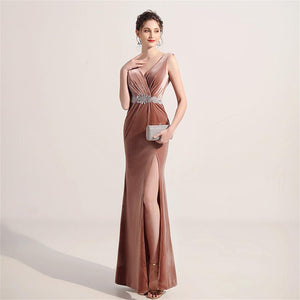Pink V-neck Sleeveless Robe De Soriee Sexy High Split Velour Evening Dress Bead Embroidery Formal Occasion Dress Party Prom Gown