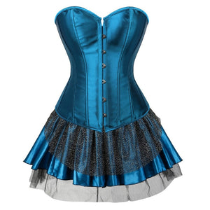 Women Sexy Peacock Blue Corset Dress Vintage Satin Waist Cincher Corset Bustier Lingerie Top With Mesh Mini Pleated Skirt Set