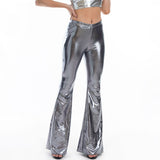 Sexy PU Leather Metallic Shiny Holographic Flare Pants Girls Bodycon Elastic Waist Bell Bottom Trousers Clubwear