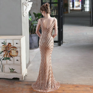 Women Beads Dress Gold Deep V Neck Sequin Evening Dress Sexy Party Maxi Dress