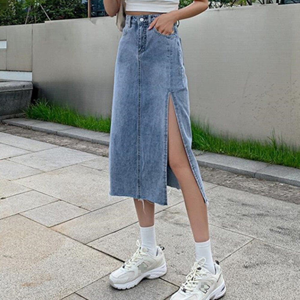Jeans Long Goth Denim Maxi Skirt Side Slit Women Summer Punk Black