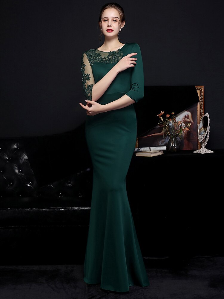 Elegant Burgund Appliques Beads Evening Dress See through Tulle Long Sleeve Dress