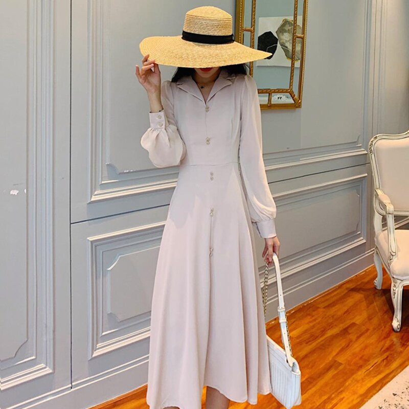 Autumn Women Vintage Slim Waisted Dresses Female Chic Midi Long Sleeve Chiffon Shirt Dress Vestidos
