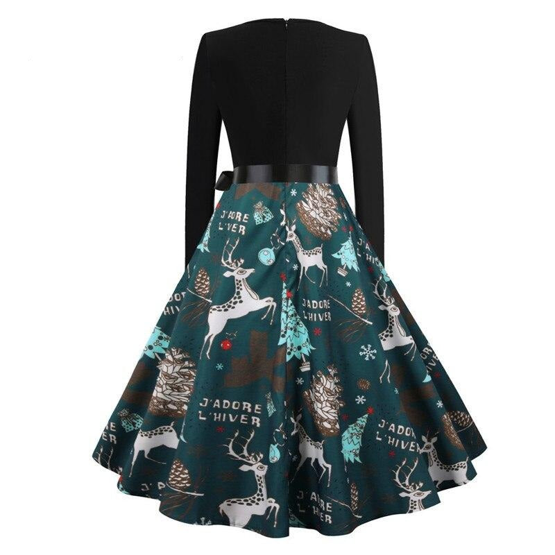 Black and Sky Blue Two Tone Elegant Vintage Christmas Women O-Neck Winter Party Belted A-Line Dress