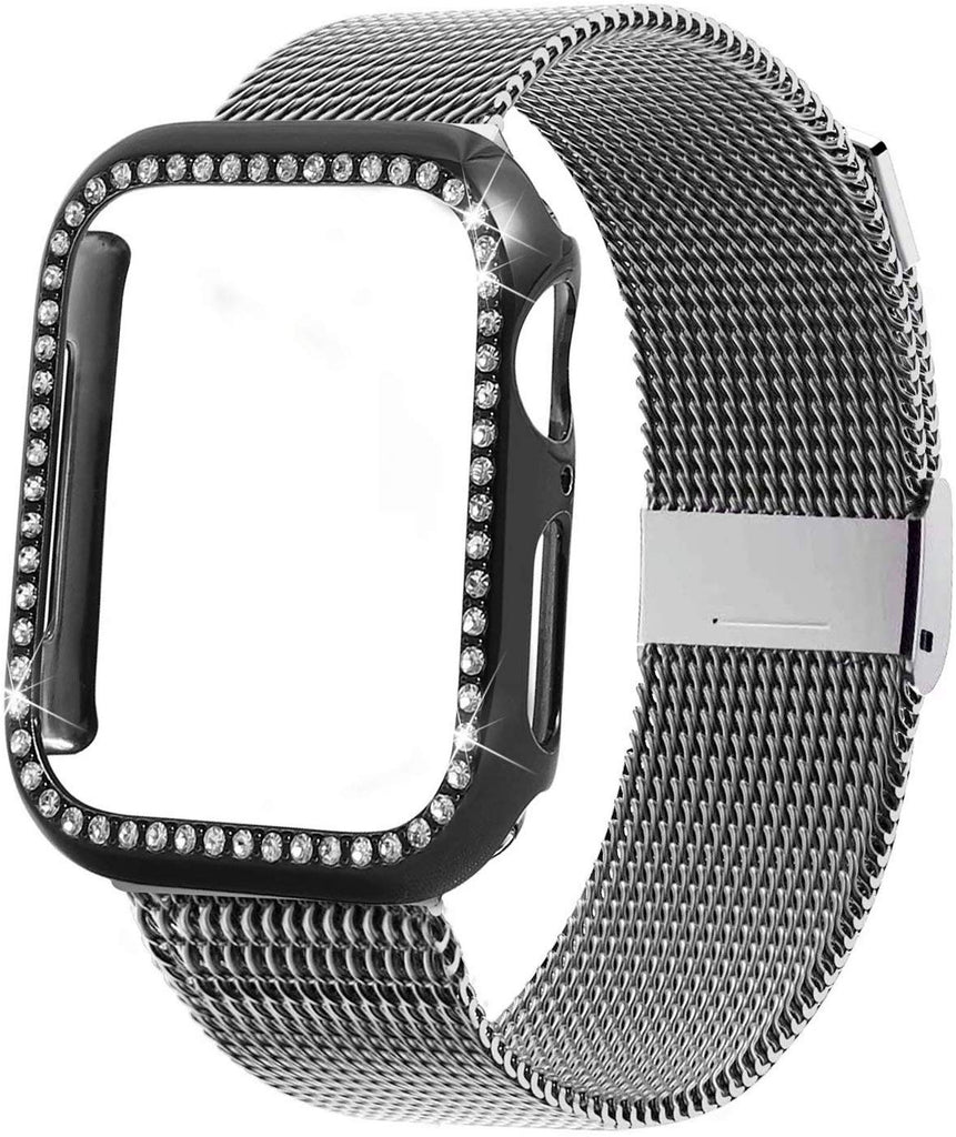 Diamond case+Milanese Loop band For Apple Watch Series 5/4/3/2/1 Stainless Steel Strap iwatch 38mm 42mm 40mm 44mm Wrist Bracelet