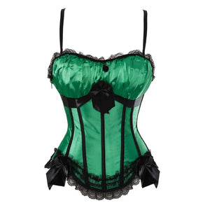 Women Sexy Satin Striped Lace Overbust Corset Bow Cup Straps Corset Zipper Side Waist Cincher Corsets Bustiers Lingerie Top