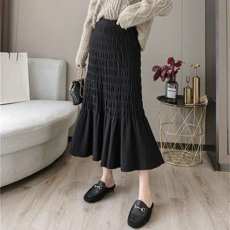 Women High Waist Casual Skirts Korean Style All-match Ladies Knitted Long Mermaid Skirt