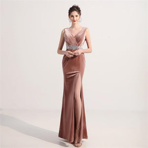 Pink V-neck Sleeveless Robe De Soriee Sexy High Split Velour Evening Dress Bead Embroidery Formal Occasion Dress Party Prom Gown