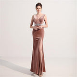 Pink V-neck Sleeveless Robe De Soriee Sexy High Split Velour Evening Dress Bead Embroidery Formal Occasion Dress Party Prom Gown