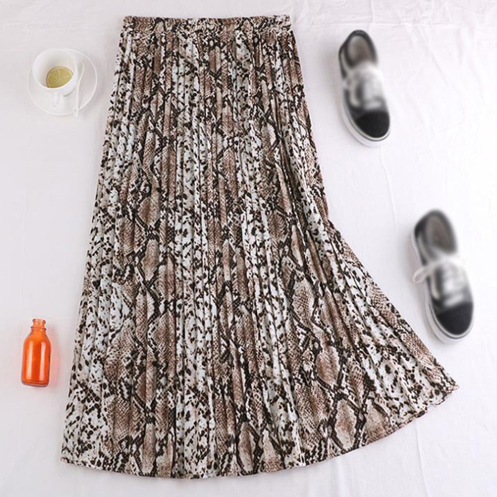 Summer High Waist A-Line Pleated Long Vintage Women Elegant Leopard Snake Printed Maxi Skirt