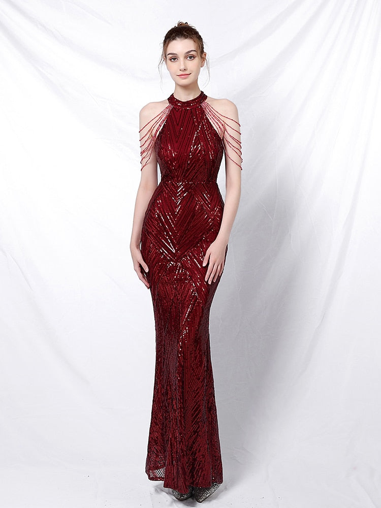 Elegant Halt Neck Diamond Sequin Embroider Formal Dress Mermaid Evening Dress Sleeveless Women Robe De Soriee Gold Vestidos