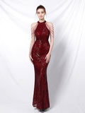 Elegant Halt Neck Diamond Sequin Embroider Formal Dress Mermaid Evening Dress Sleeveless Women Robe De Soriee Gold Vestidos