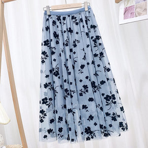 Mid Calf Long Floral Flocking Tulle Women Elastic High Waist Mesh A line Midi Skirt