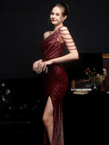 Women Beads Party Dress Elegant One Shoulder Slit Sequin Prom Dress
