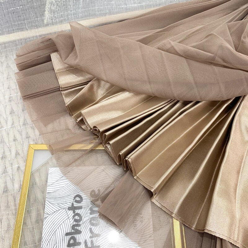 Women Long Tulle Pleated Skirt Spring Summer Elastic High Waist Elegant Mesh Midi Skirt