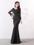 Black Formal Muslim Evening Dress Long Sleeve Zipper Back O-neck Empire Party Gowns Elegant Floor-length Beading Prom Dress