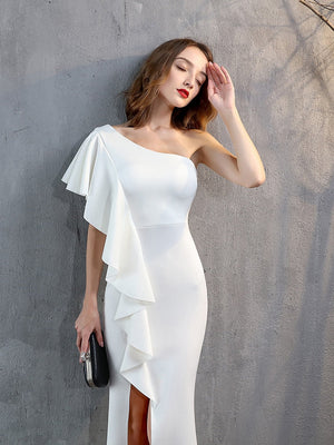 One-shoulder Elegant Long Night Party Dress Christmas Festival Evening Vestidoes Side Slit Lotus Short Sleeve Taffeta Prom Gown