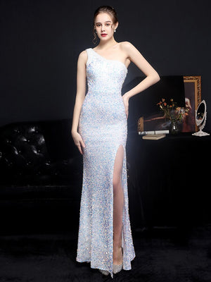 Elegant One Shoulder Slit White Sequin Evening Dress Women Beads Party Maxi Dress
