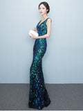 Elegant Mermaid Evening Dress Sleeveless Sequins Robe De Soriee V-neck Tulle Prom Gown Beads Formal Dress