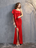 One-shoulder Elegant Long Night Party Dress Christmas Festival Evening Vestidoes Side Slit Lotus Short Sleeve Taffeta Prom Gown