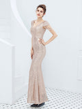 V-neck Sequins Evening Dress Women Elegant Beaded Long Evenning Party Dress Mermaid Formal Dresses