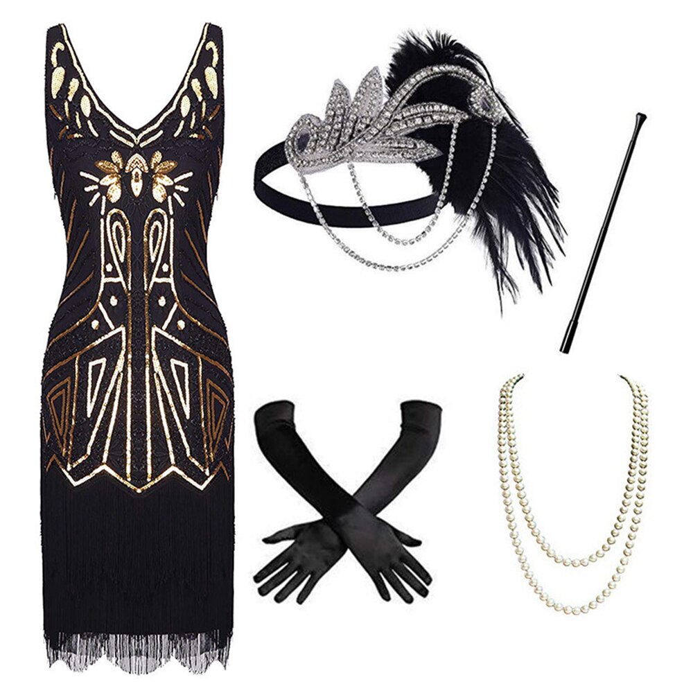 1920s Retro Sequin Tassel Dress Pin Bead Tassel Party Dinner Dress With Accessories