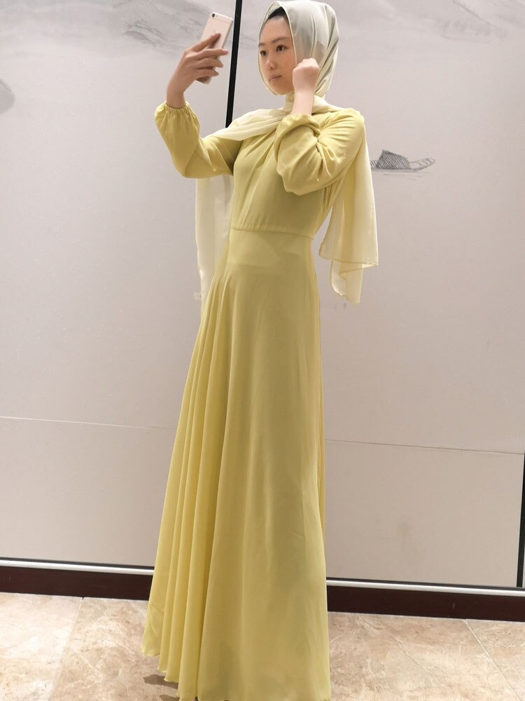 Belt Bow Chiffon Muslim Dress Abaya Dress Plus Size Arab Casual Dress Prom Gowns Robe De Soriee Full-Sleeve O-neck Dress
