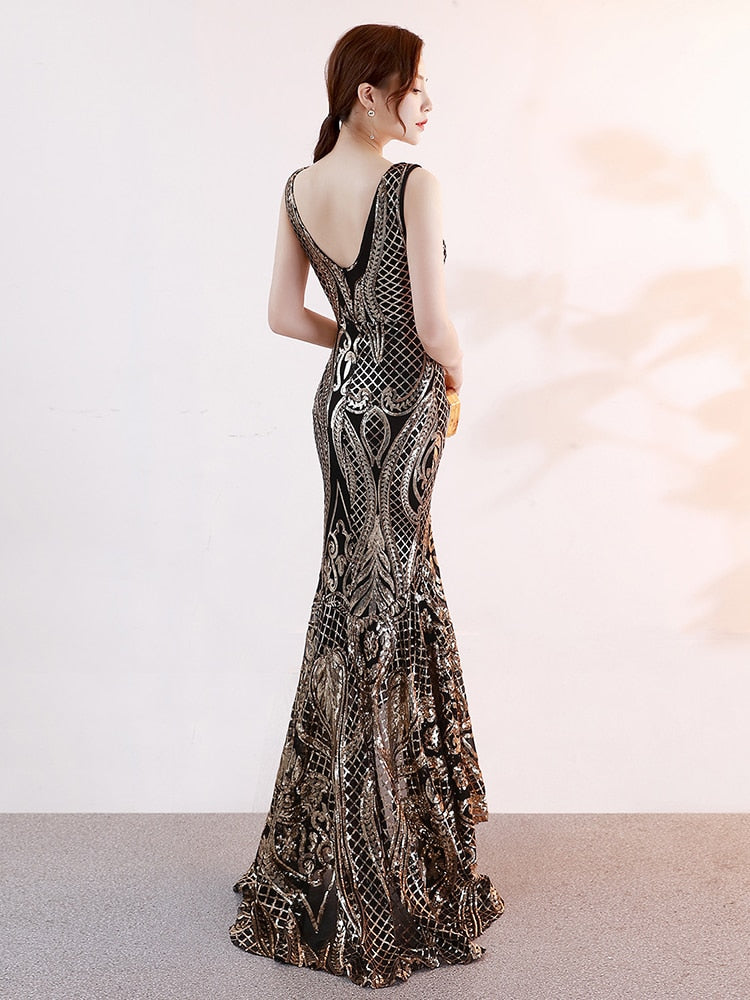 Asymmetrical Floor-Length Tulle Sequins V-Neck Sleeveless Party Dresses Embroider Vestidoes Formal Robe