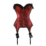 Women Sexy Jacquard Lace Bow Overbust Corset Women Burleque Retro Red Floral Waist Cincher Lace Up Corset Bustier Lingerie Top