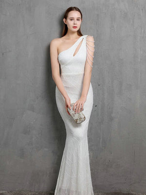 Elegant One Shoulder White Sequin Evening Dress Women Beads Party Wedding Maxi Dress