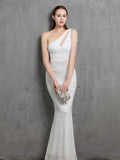 Elegant One Shoulder White Sequin Evening Dress Women Beads Party Wedding Maxi Dress