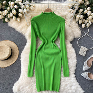 Autumn Winter Women Clothing Mock Neck Long Sleeve Ribbed Knit Sweater Dress Night Club Sexy Mini Knitted Bodycon Dress
