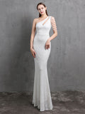 Women Beads Party Maxi Dress Elegant One Shoulder Gold Long Sequin Evening Dress