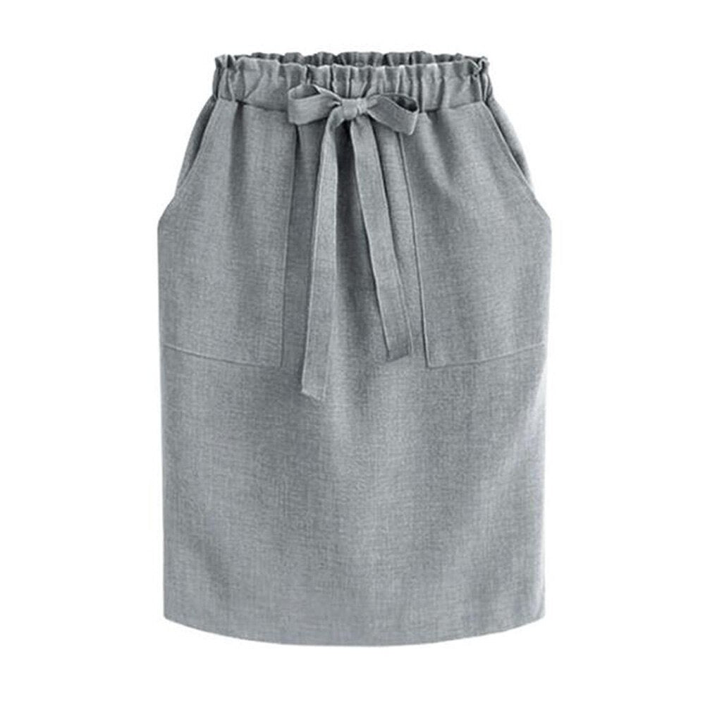Women Elastic High Waist Pocket Skirt Cotton Linen Bodycon Skirts