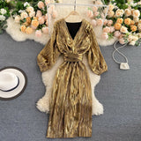 Women Vintage Clothes Gold Shimmer Pleated Elegant Belted Midi Dress Sexy Deep V Neck Evening Party Dress