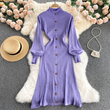 Autumn Winter Mock Neck Ribbed Sweater Dress Women Long Lantern Sleeve Front Button Elegant Knitted Bodycon Midi Dress