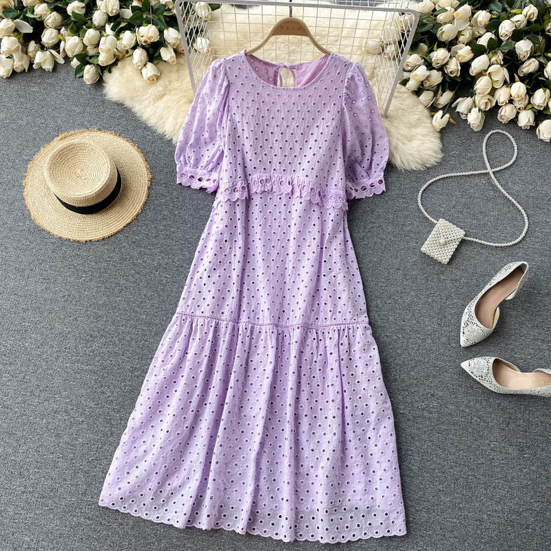 embroidery loose dress women Boho Beach Embroidery Lace Dress Women Clothing Round Neck Short Puff –  jetechband