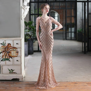 Women Beads Dress Gold Deep V Neck Sequin Evening Dress Sexy Party Maxi Dress