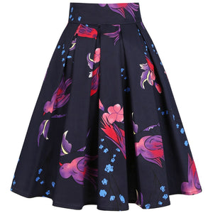 50s Retro Floral Print Vintage Pleated Skirts Womens Harajuku High Waist Plus Size Midi Skirt Cotton Summer 3XL Swing Skirt