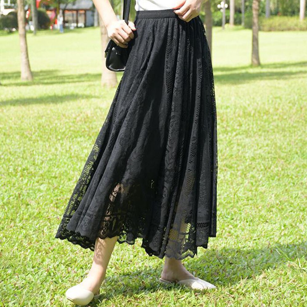 Long Boho Vintage Lace Pleated Korean Summer Solid White A-Line Maxi Skirt