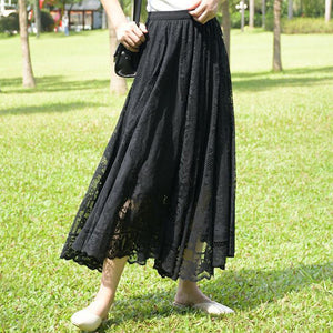 Long Boho Vintage Lace Pleated Korean Summer Solid White A-Line Maxi Skirt