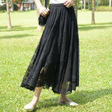 Long Boho Vintage Lace Pleated Korean Summer Solid White A-Line Maxi Skirt